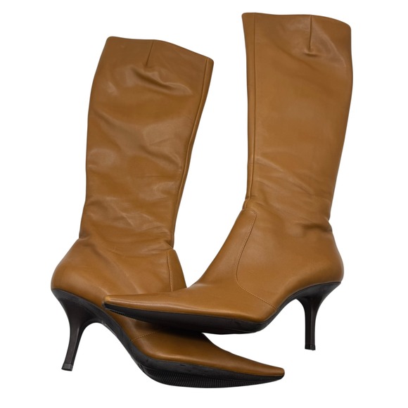 Sergio Rossi Caramel Leather Pointed Toe Heel Knee High Boots 39.5 - Picture 1 of 11